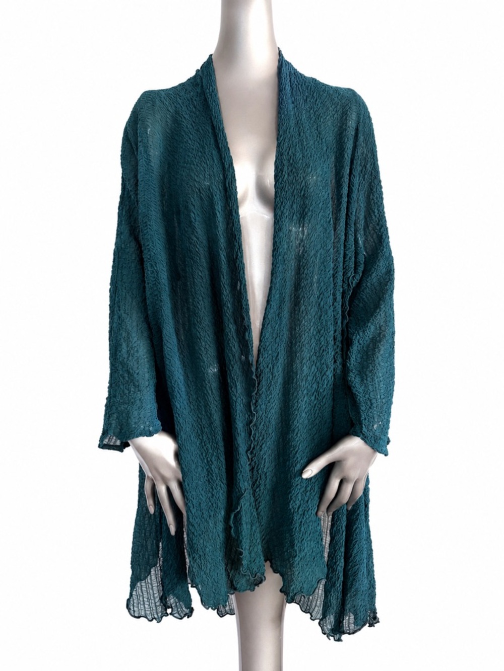 URU 100% Silk Teal Crinkle Open Front Drape Cardigan Kimono One Size USA